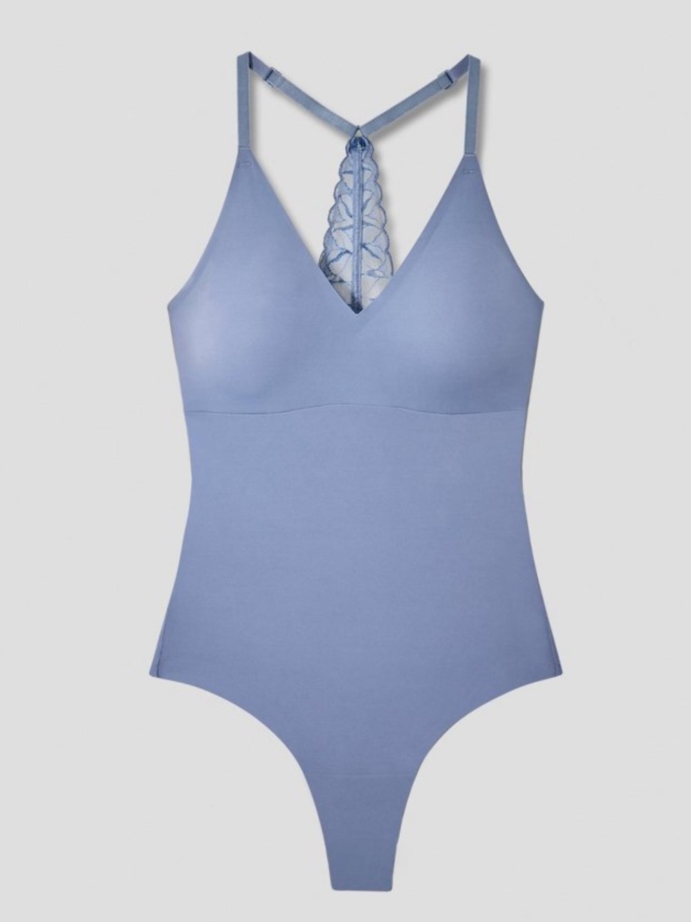 True & Co V Neck Lace Racerback Bodysuit Plunge Slate Gray Women’s M NWT